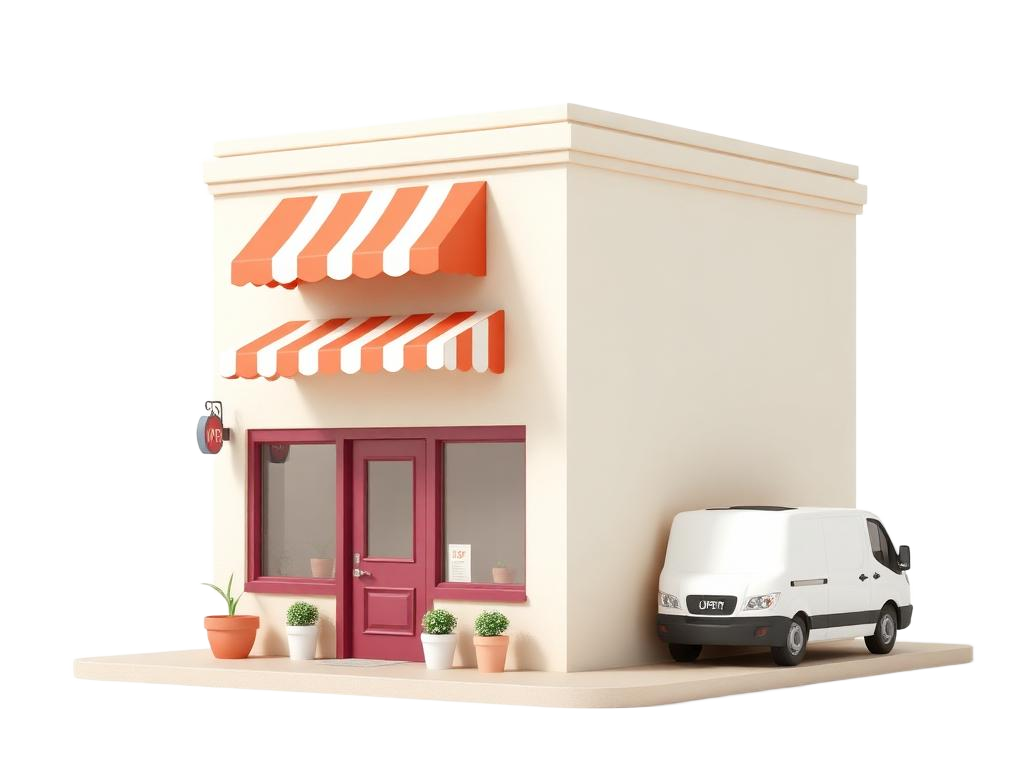 Illustration of a small business storefront with a coral awning and a delivery van