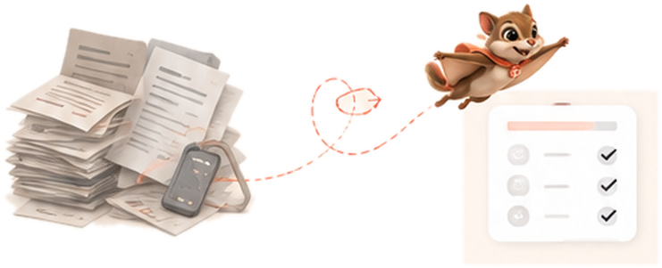 Glydie gliding from a pile of paperwork toward a clean digital checklist